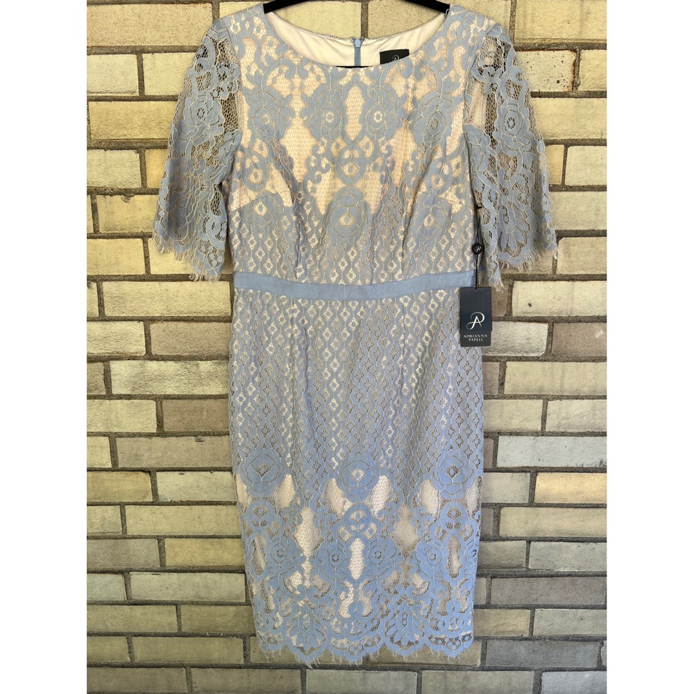 Adrianna Papell Light Blue Floral Lace Sheath Dress Short Sleeve Size 8